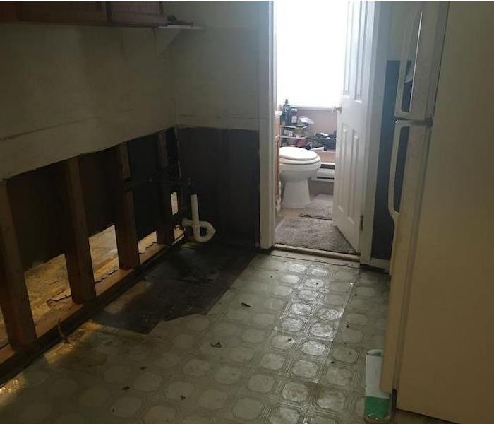 Bathroom with removed sheetrock and flooring with exposed framework