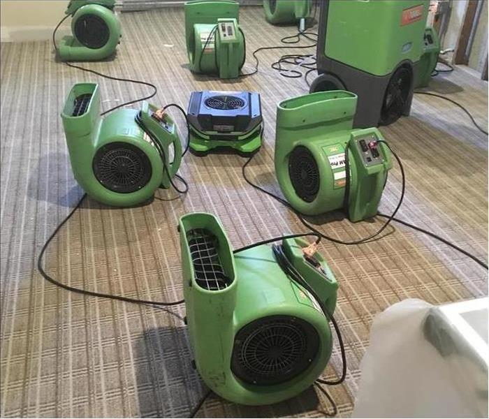 Our air movers set out in a room drying the carpet 