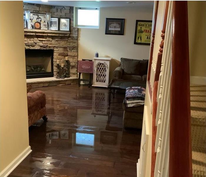 living room with puddled water on floor